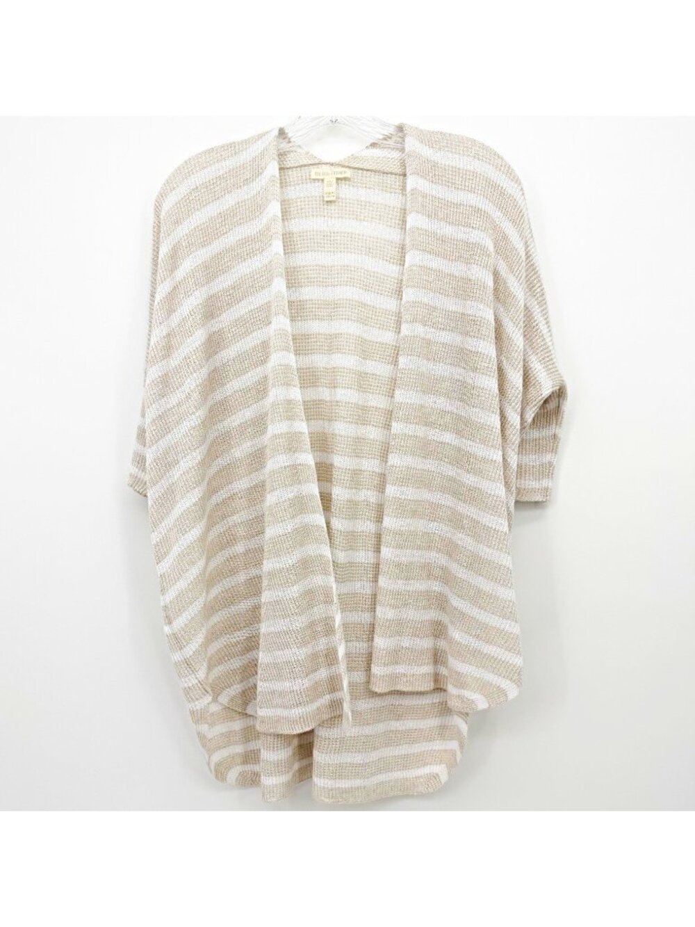 Eileen Fisher Beige/White Striped Open Front Knit 100% Linen Cardigan Womens XS
